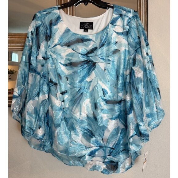 Alex Evenings Size 3X Blouse 3/4 Sleeve Layers Asymmetrical Aqua Floral NEW - Picture 1 of 10